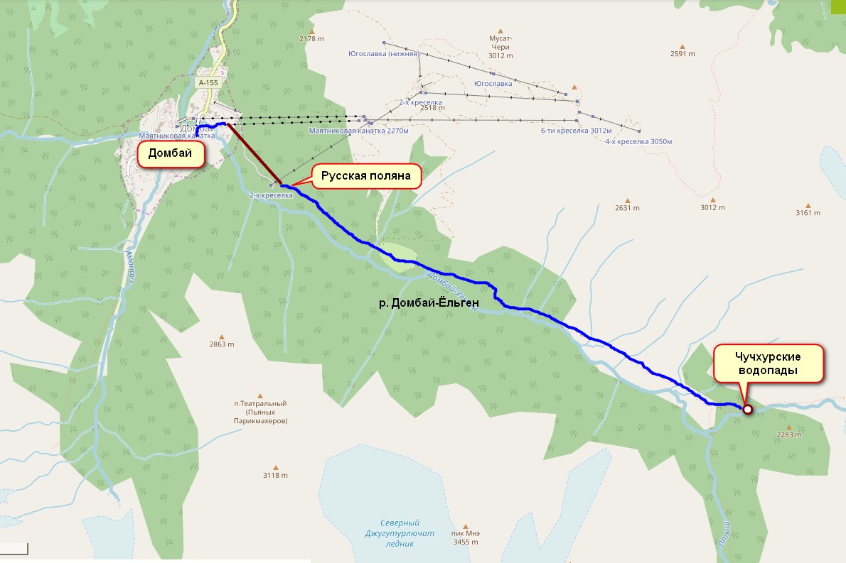 Чучхурские водопады Домбай маршрут. Карта Домбай трассы. Домбай русская Поляна маршрут.